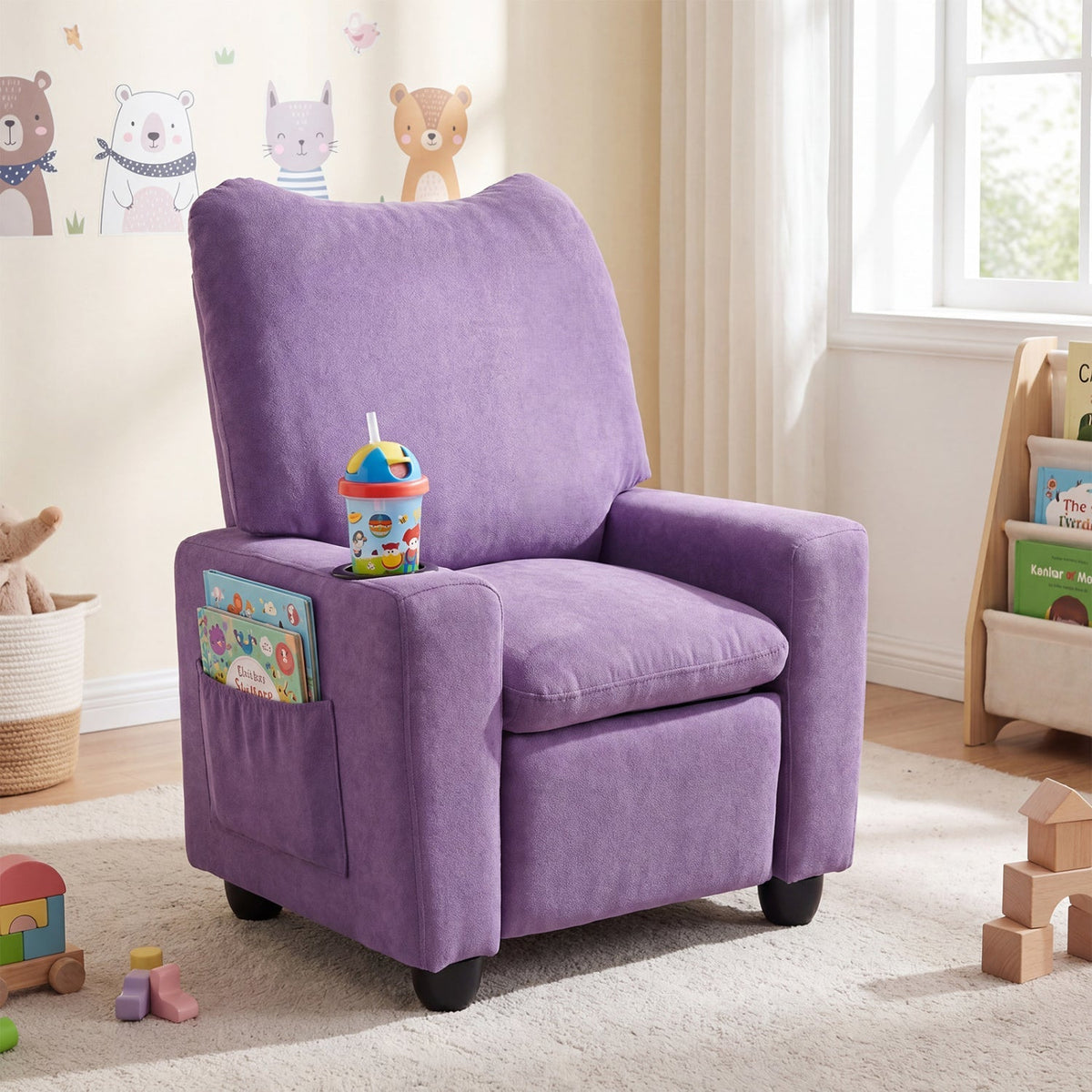 Kids recliner sofa with adjustable footrest and cup holder, in bright colors, designed for comfortable kids' furniture.