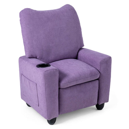 Kids recliner sofa with adjustable footrest and cup holder, featuring soft upholstery and child-friendly design from GBruno Store.