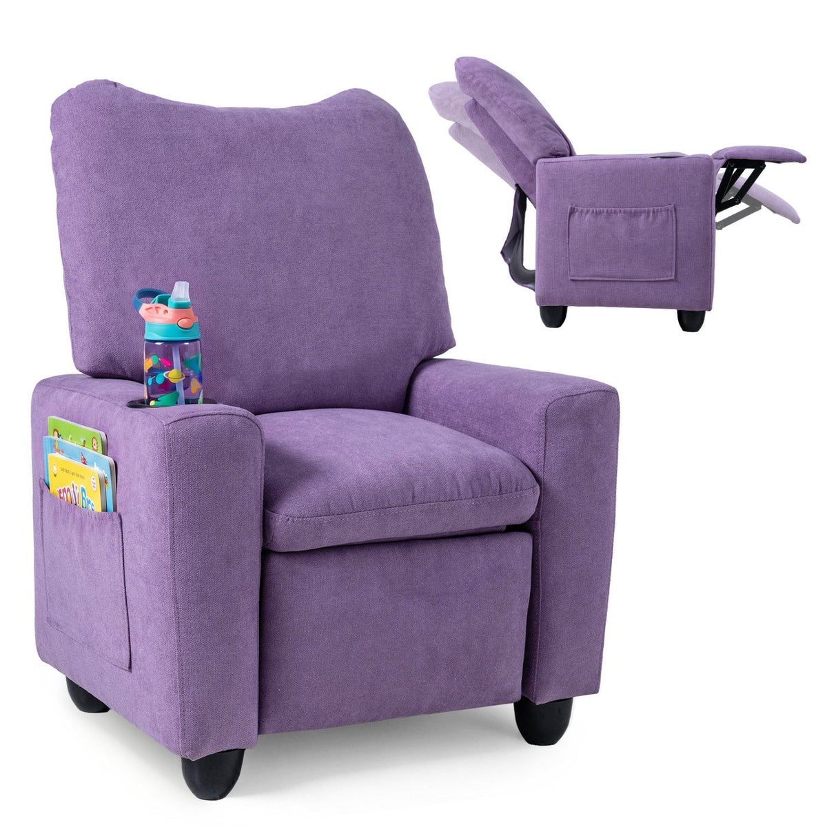 Kids recliner sofa from GBruno Store with adjustable footrest and cup holder, featuring colorful, child-friendly upholstery.