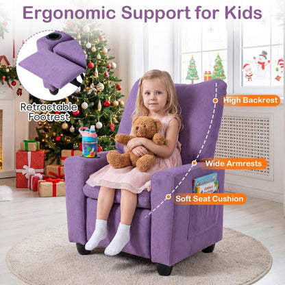 Kids recliner sofa with adjustable footrest and cup holder, featuring bright, child-friendly upholstery and a sturdy frame.