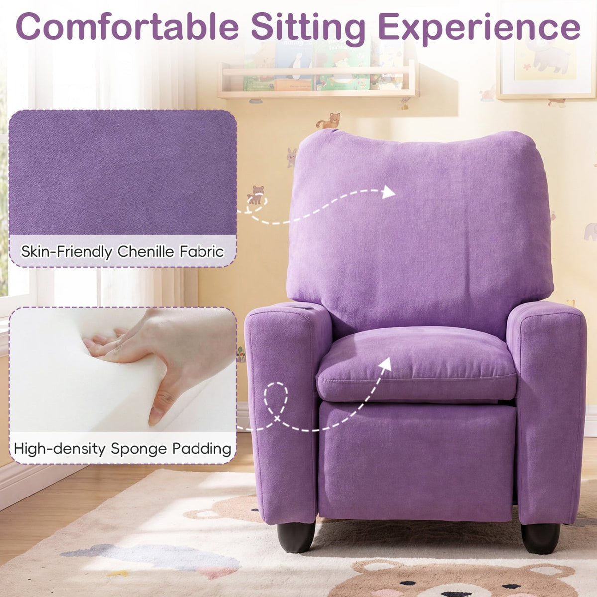 Kids recliner sofa by GBruno Store with adjustable footrest and cup holder, featuring colorful, child-friendly upholstery and cushioned design.