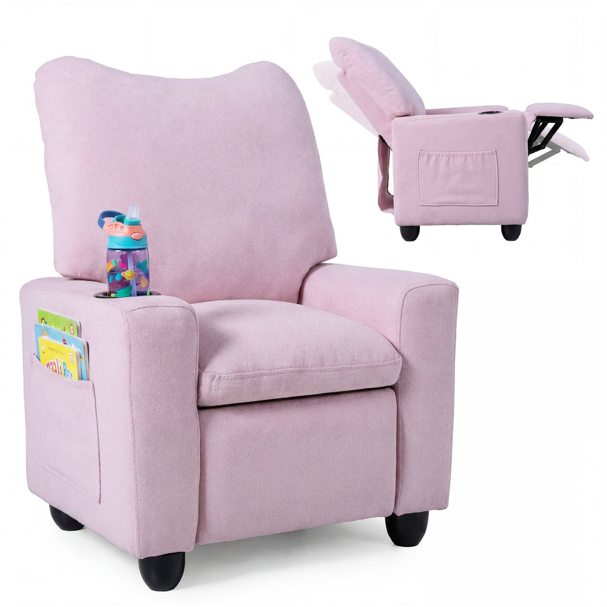 Kids recliner sofa by GBruno Store with adjustable footrest and cup holder, featuring colorful, child-friendly upholstery and armrests.