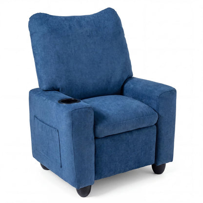 Kids recliner sofa with adjustable footrest and cup holder, featuring colorful fabric and child-friendly design from GBruno Store.