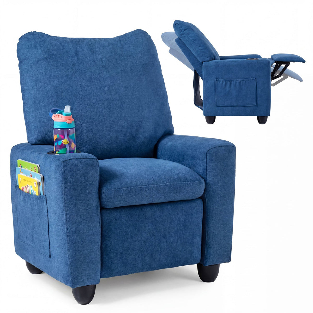 Kids recliner sofa with adjustable footrest and cup holder, GBruno Store kids furniture in vibrant colors and cozy design.