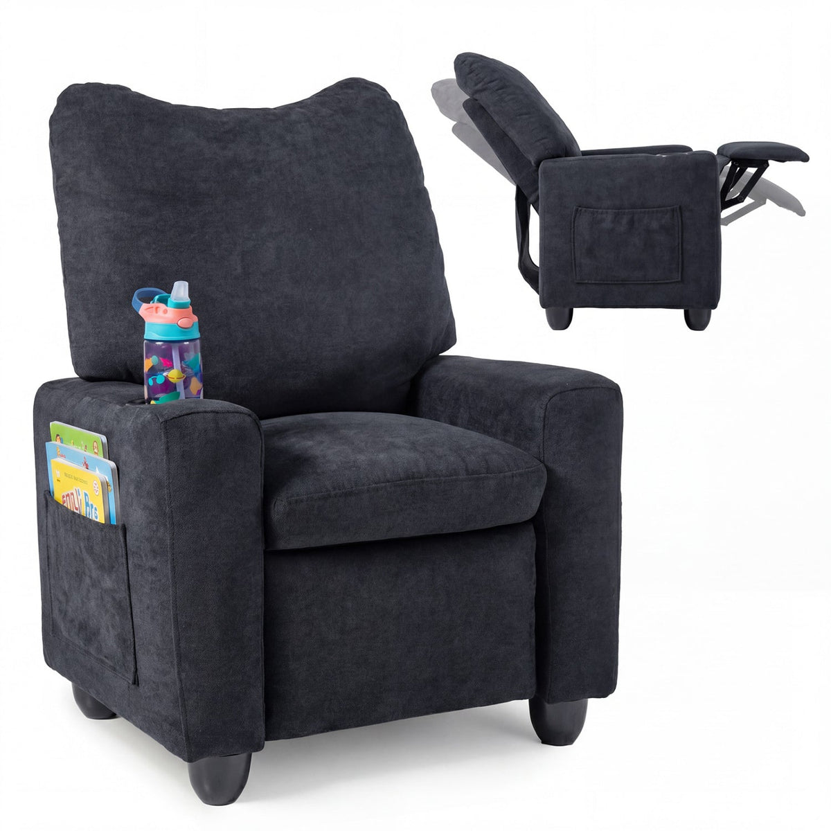 Kids recliner sofa by GBruno Store featuring an adjustable footrest and built-in cup holder, perfect for comfortable children's seating.