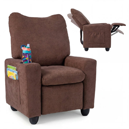 Kids recliner sofa with adjustable footrest and cup holder, in bright fabric, perfect for children's comfort and relaxation.