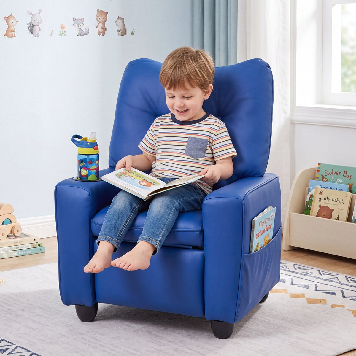 Kids recliner chair by GBruno Store with cup holder and adjustable backrest, featuring colorful upholstery and soft fabric.