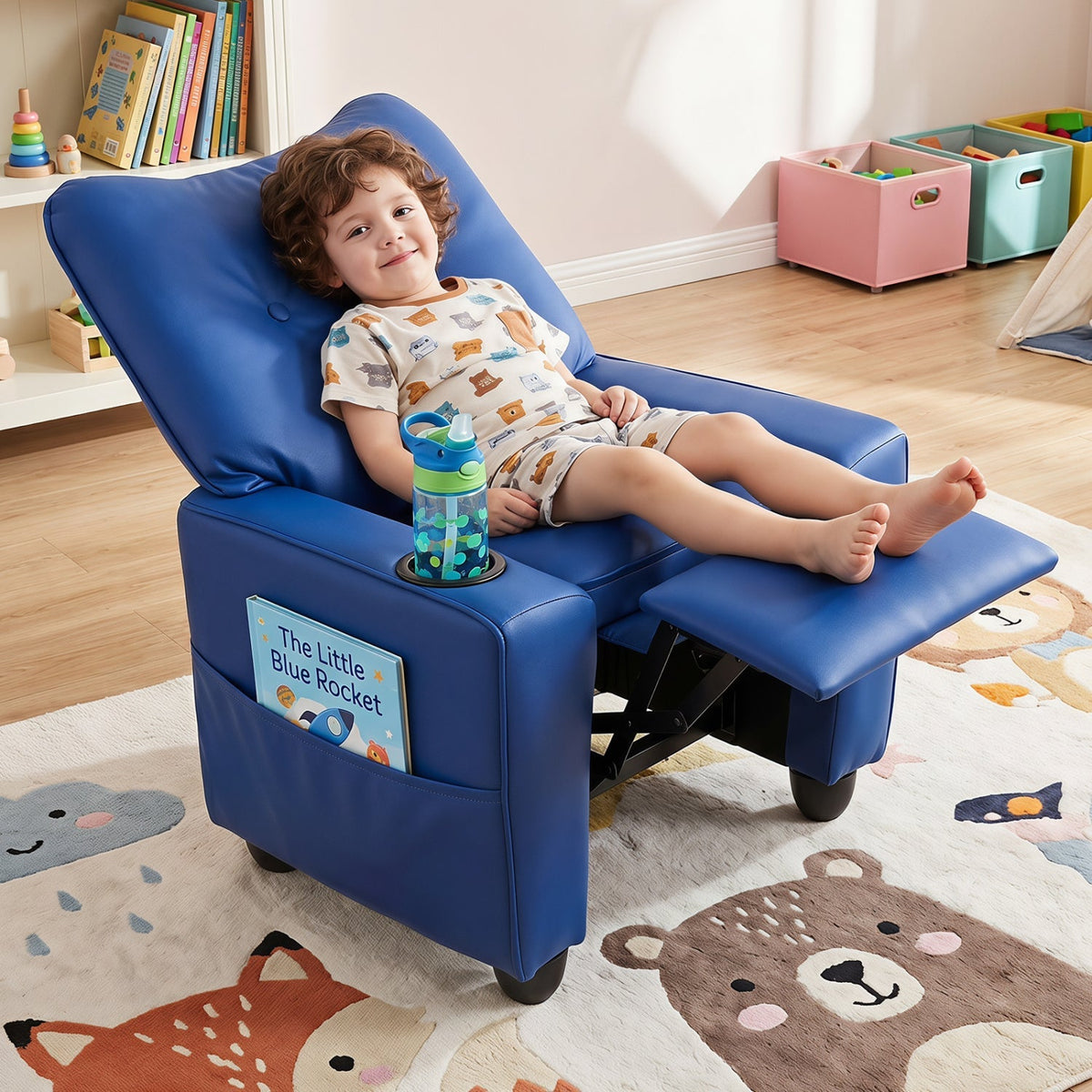 Kids recliner chair by GBruno Store featuring a cup holder and adjustable backrest, perfect for comfortable children's seating.