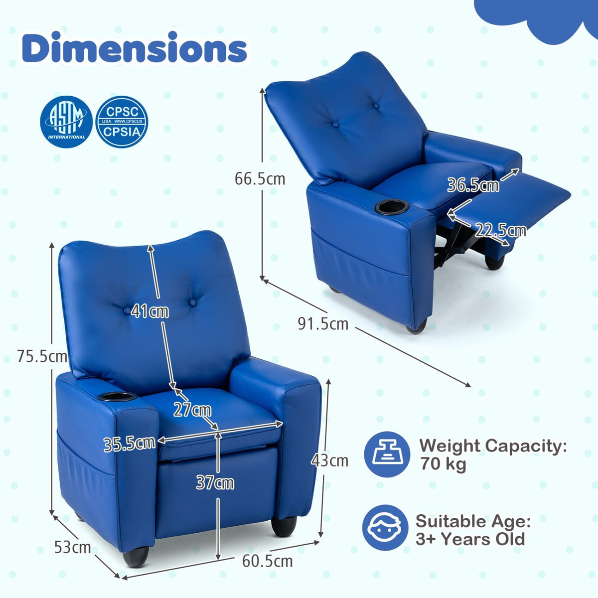 Kids recliner chair from GBruno Store featuring a cup holder and adjustable backrest for comfortable children's seating.