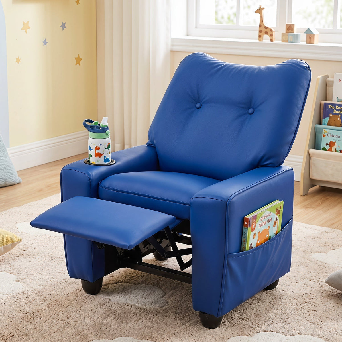 Kids recliner chair by GBruno Store with cup holder and adjustable backrest, featuring soft upholstery and child-friendly design.