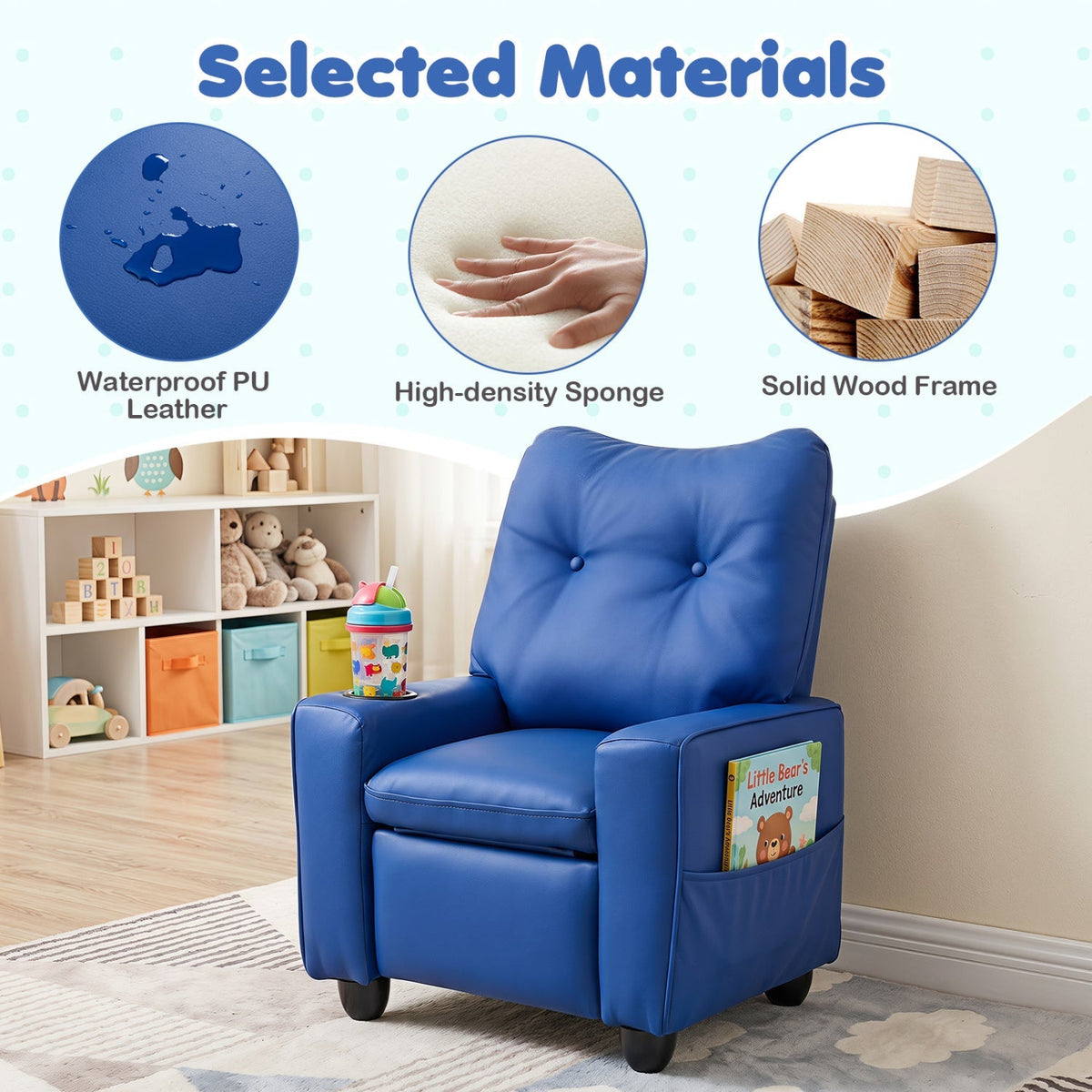 Kids recliner chair by GBruno Store with cup holder and adjustable backrest, featuring soft fabric and kid-friendly design.