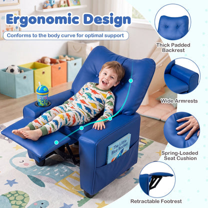 Kids recliner chair from GBruno Store featuring a cup holder, adjustable backrest, and colorful upholstery for comfortable seating.