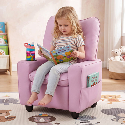Kids recliner chair by GBruno Store with cup holder and adjustable backrest, featuring colorful fabric and comfortable design.