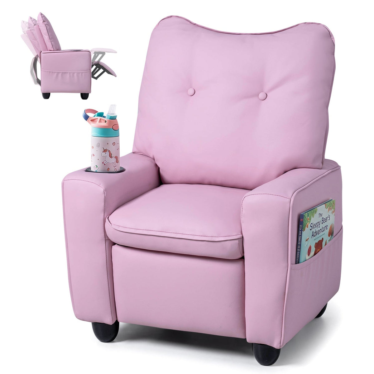 Kids recliner chair with cup holder and adjustable backrest, designed for children, in vibrant colors from GBruno Store.