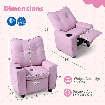 Kids recliner chair with cup holder and adjustable backrest, featuring colorful upholstery and comfortable design for children.