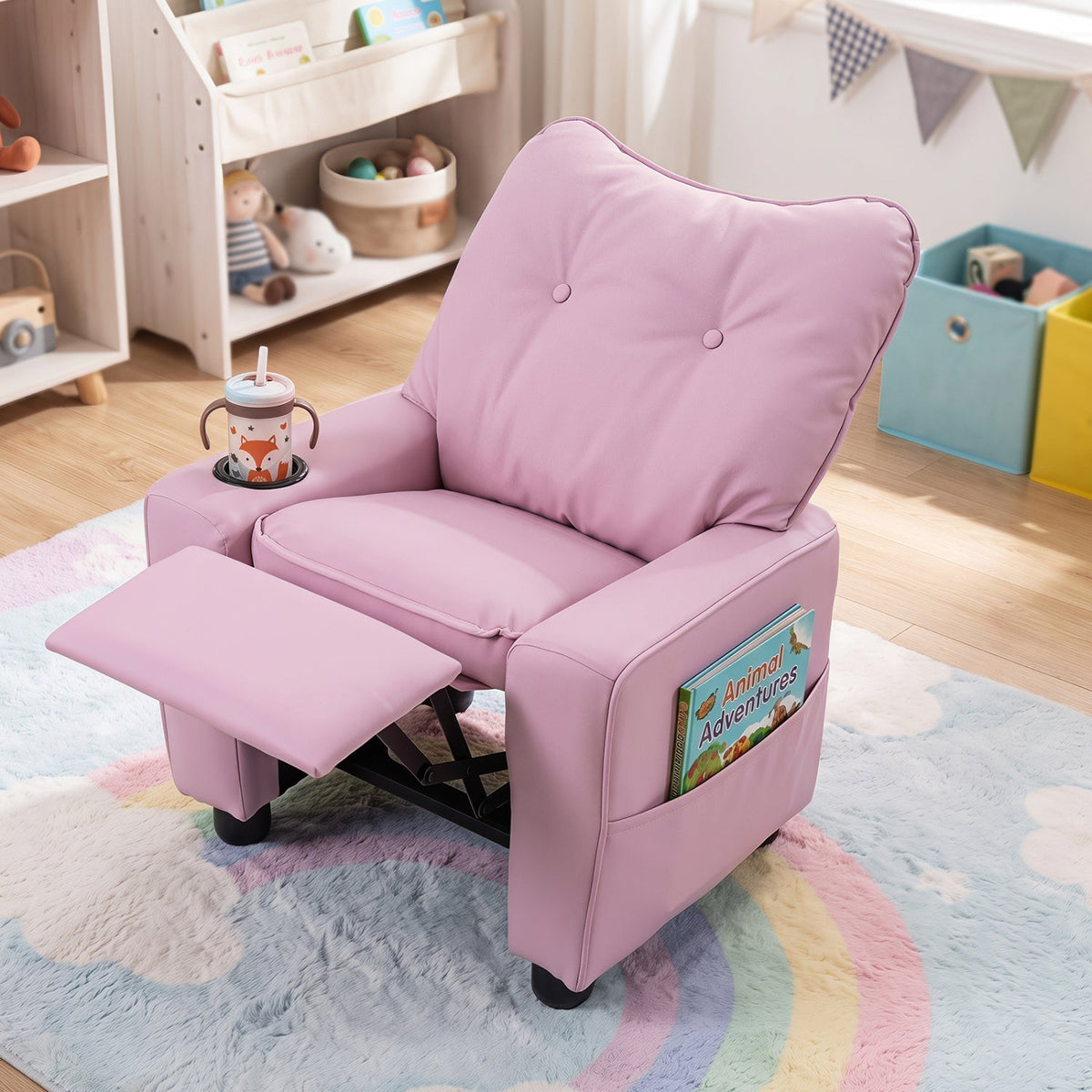 Kids recliner chair from GBruno Store with cup holder and adjustable backrest, featuring soft fabric and kid-friendly design.