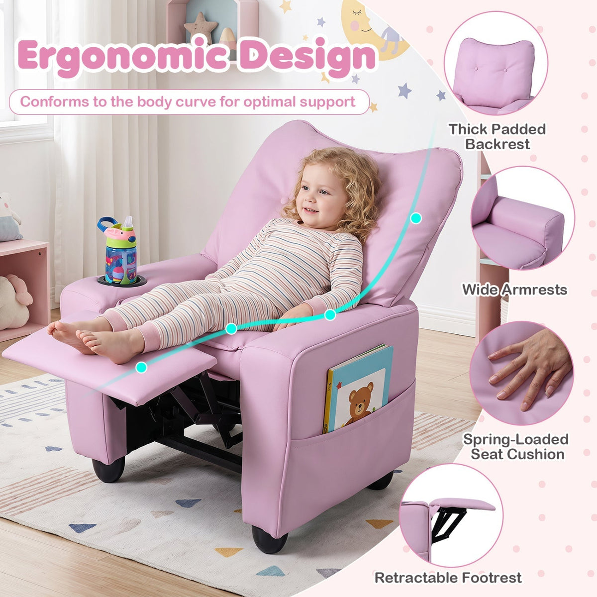 Kids recliner chair with cup holder and adjustable backrest, designed for comfort and fun in children's furniture by GBruno Store.