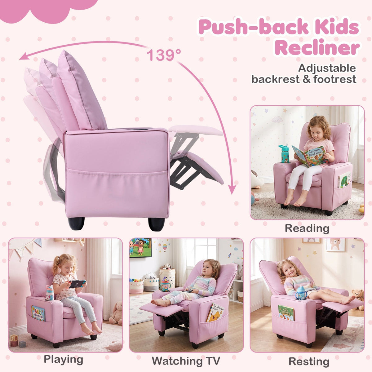 Kids recliner chair by GBruno Store with cup holder and adjustable backrest, featuring soft fabric and colorful design for children.