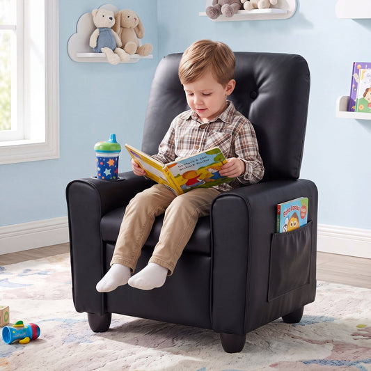Kids recliner chair by GBruno Store with cup holder and adjustable backrest, featuring colorful fabric and cozy design for children.