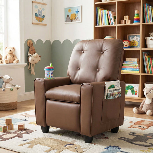 Kids recliner chair by GBruno Store with cup holder and adjustable backrest, featuring colorful fabric and plush comfort for children.