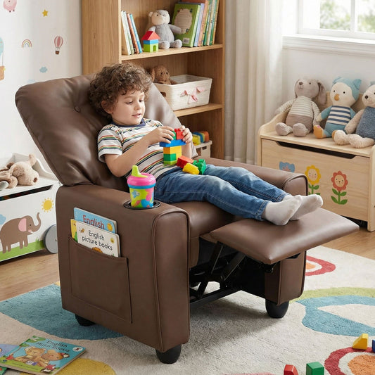 Kids recliner chair by GBruno Store with cup holder and adjustable backrest, featuring soft upholstery and kid-friendly design.