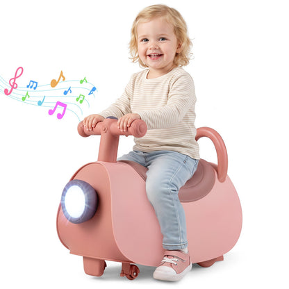 Kids push ride-on car with music and storage for ages 18-36 months, featuring colorful design and steering wheel.