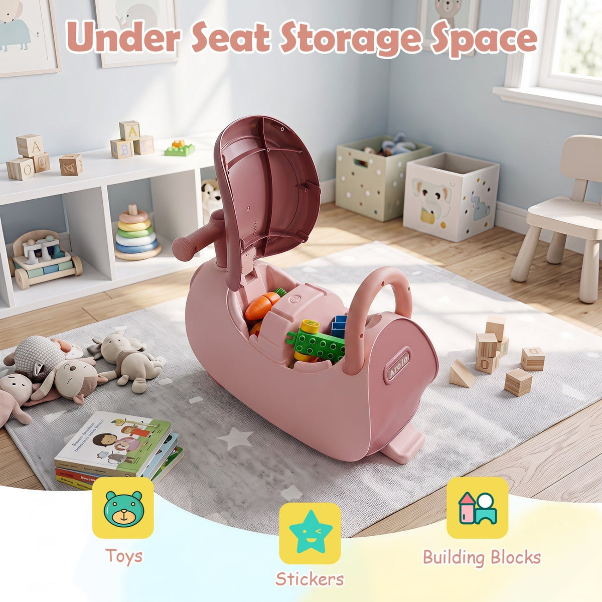 Kids push car ride-on toy with music and storage for ages 18-36 months, featuring colorful design and sturdy handle.