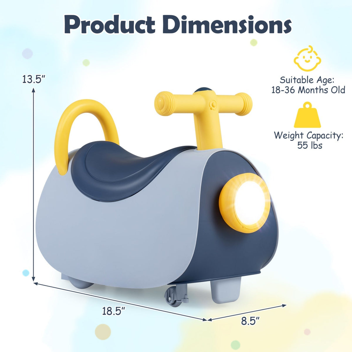 Kids ride-on push car with music and storage for toddlers aged 18-36 months, featuring bright colors and a sturdy design.