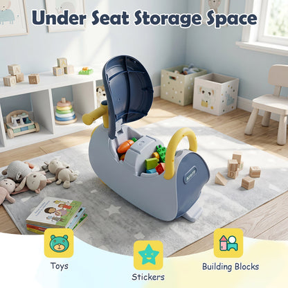 Kids ride-on push car with music and storage for children aged 18-36 months, featuring colorful design and sturdy construction.