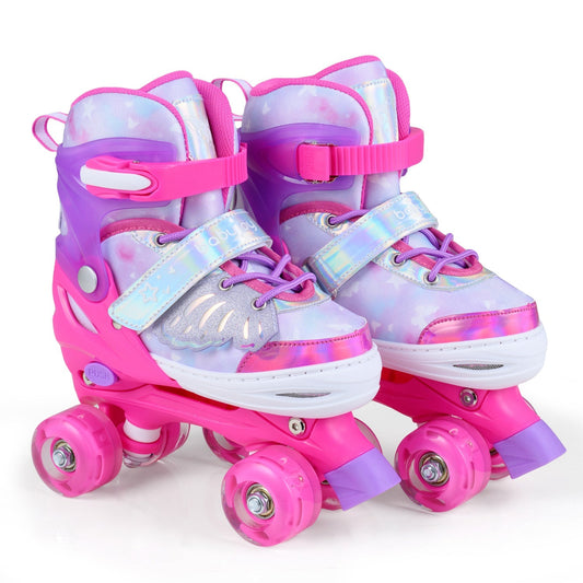 Kids roller skates for toddlers ages 7-9 with four light-up wheels and adjustable straps, featuring colorful design.