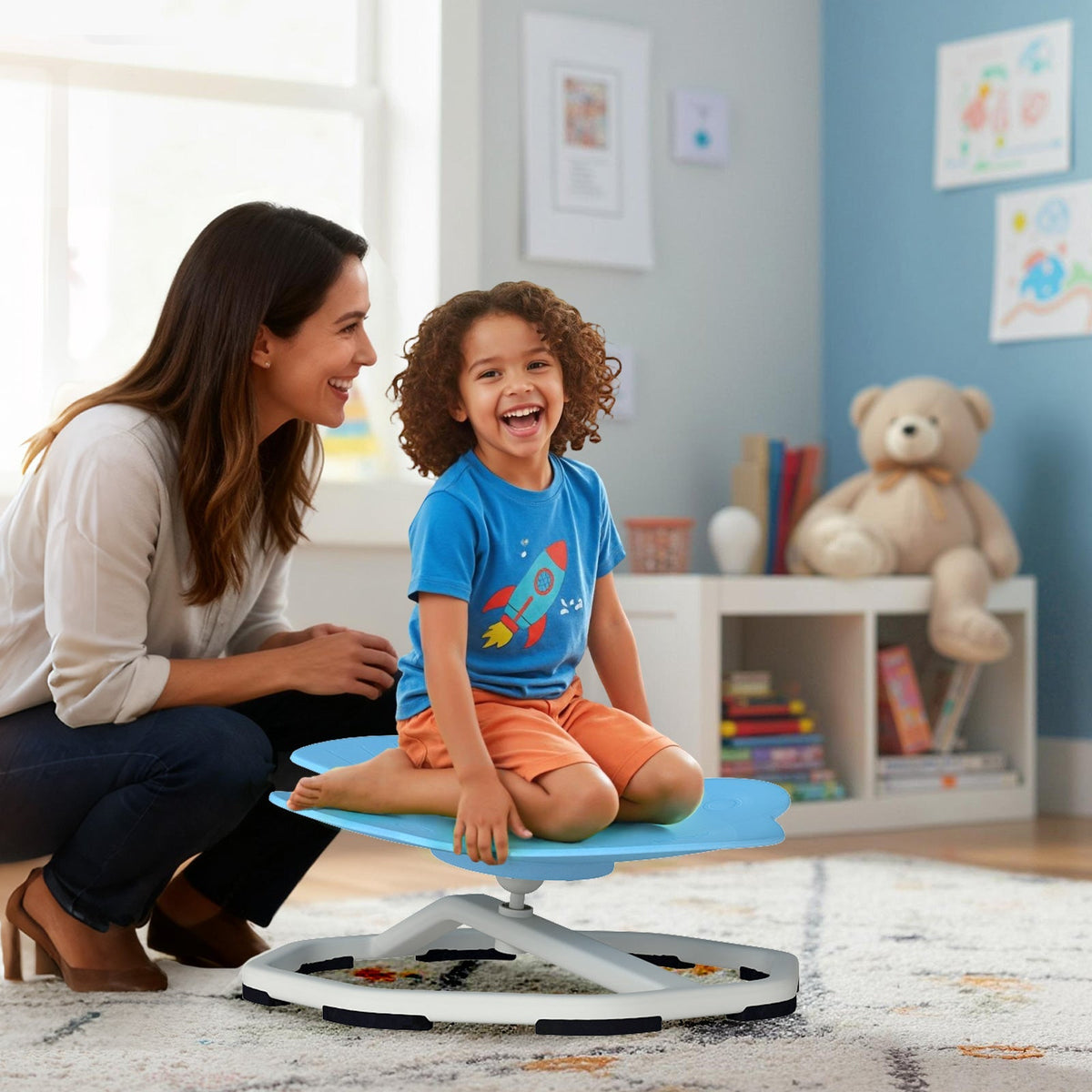 Kids sensory swivel chair with 360° spinning seat and metal base, designed for children’s comfort and sensory play.