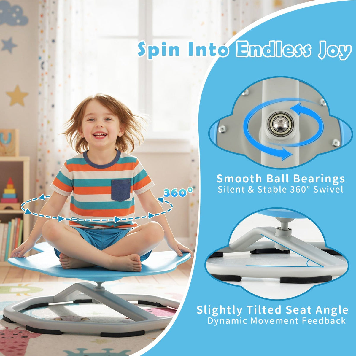 Kids sensory swivel chair with 360° spinning seat and sturdy metal base, designed for children’s comfort and sensory play.