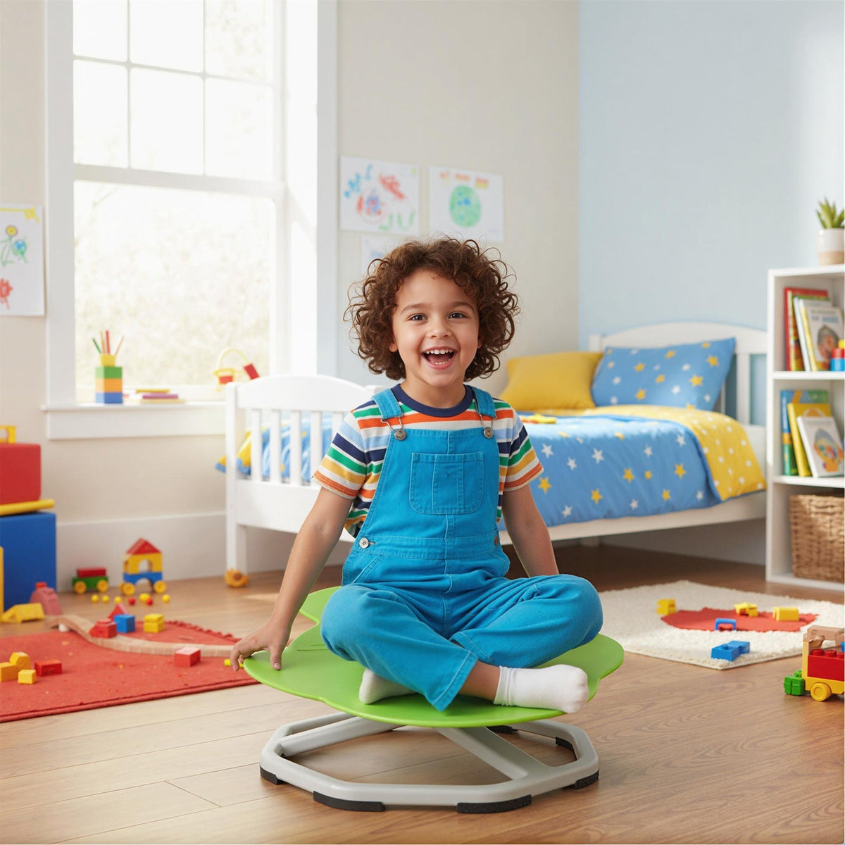 Kids sensory swivel chair with 360° spinning seat and metal base, designed for children’s comfort and sensory development.