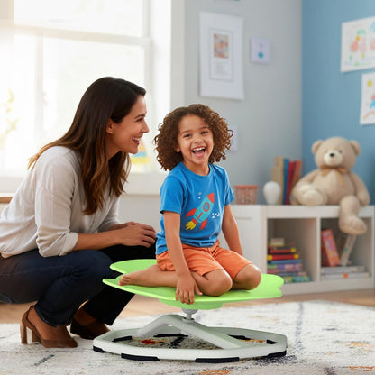Kids sensory swivel chair with 360° spinning seat, metal base, and colorful cushioned seat for children.
