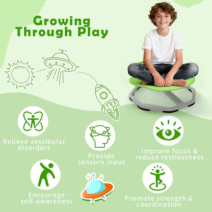Kids sensory swivel chair with 360° spinning seat and metal base, designed for children’s comfort and sensory play.