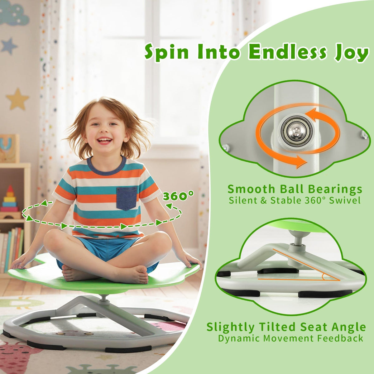 Kids sensory swivel chair with 360° spinning seat and metal base, designed for children’s comfort and sensory stimulation.