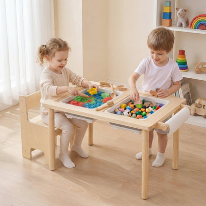 Kids sensory table set with adjustable height and two chairs, perfect for kids' play and learning activities.