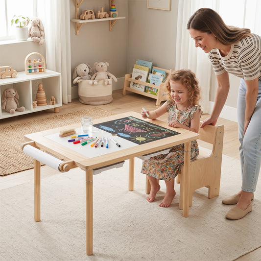 Kids sensory table set with adjustable height and two chairs, designed for children’s play and learning, by GBruno Store.