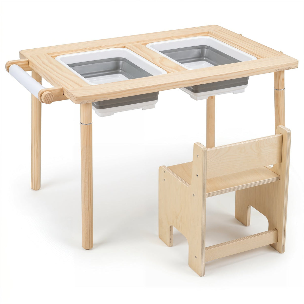Kids sensory table set with adjustable height and two chairs, ideal for children's play and learning activities.