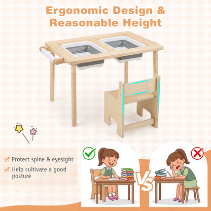 Kids sensory table set with adjustable height and two chairs, ideal for children’s play and sensory activities.