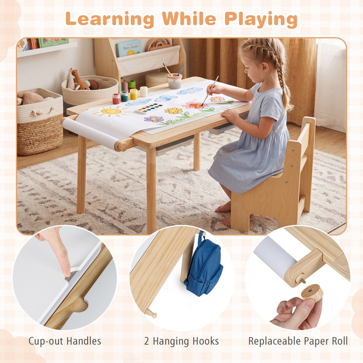 Kids sensory table set with adjustable height and two chairs, perfect for play and learning activities.