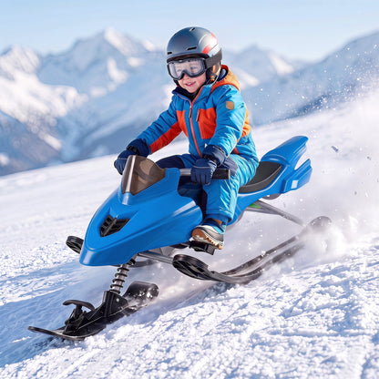 Kids riding a GBruno Store snow racer sled with brakes and steering handle on snowy terrain.
