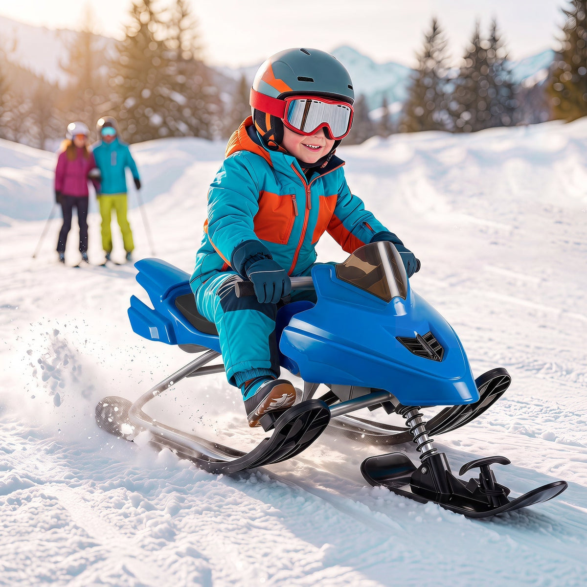 Kids snow racer sled with steering handle and brakes, designed for winter snow fun and control.