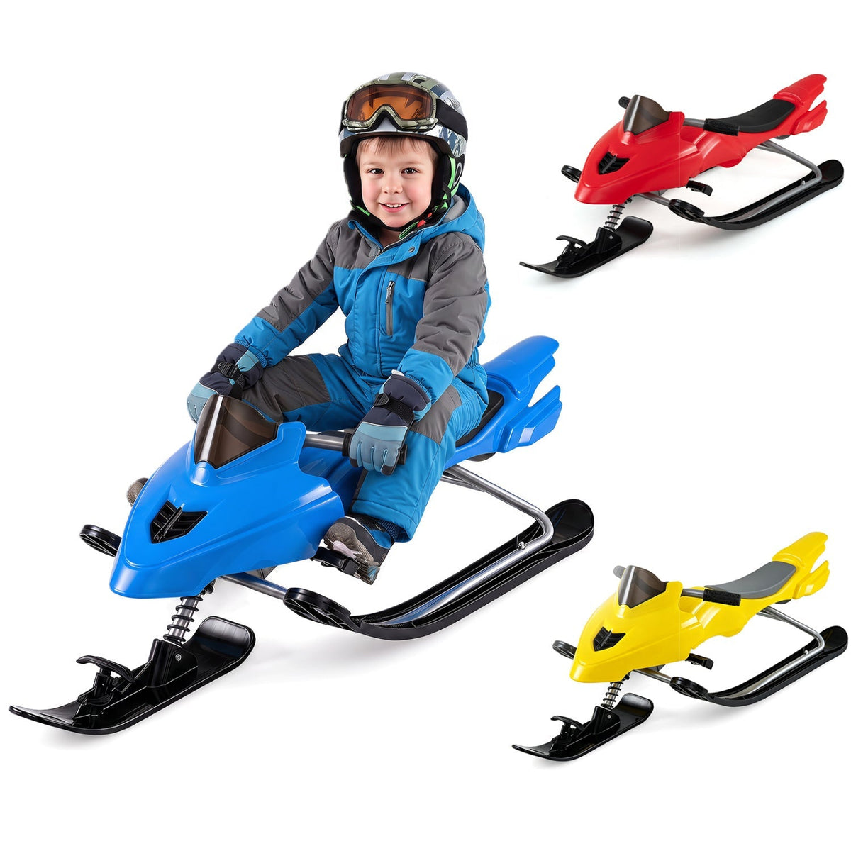 Kids riding a GBruno Store snow racer sled with brakes and steering handle on snowy terrain.