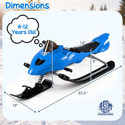 Kids riding GBruno Store snow racer sled with brakes and steering handle on snow, designed for winter fun and control.