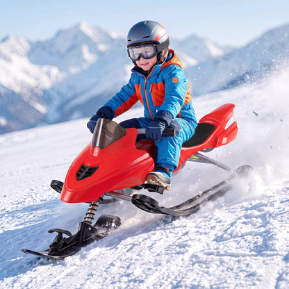 Kids riding GBruno Store snow racer sled with brakes and steering handle on snowy terrain, designed for winter fun.