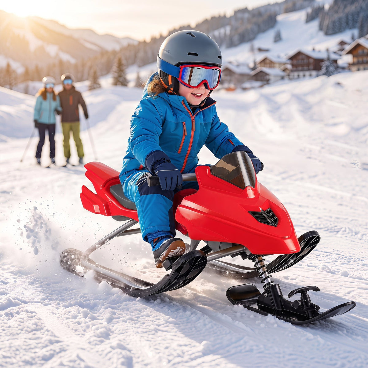 Kids snow racer sled with brakes and steering handle, designed for winter fun and safe snow sliding.