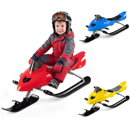 Kids riding a GBruno Store snow racer sled with brakes and steering handle on snowy terrain.