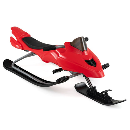 Kids riding a GBruno Store snow racer sled with brakes and steering handle on snow, perfect for winter fun.