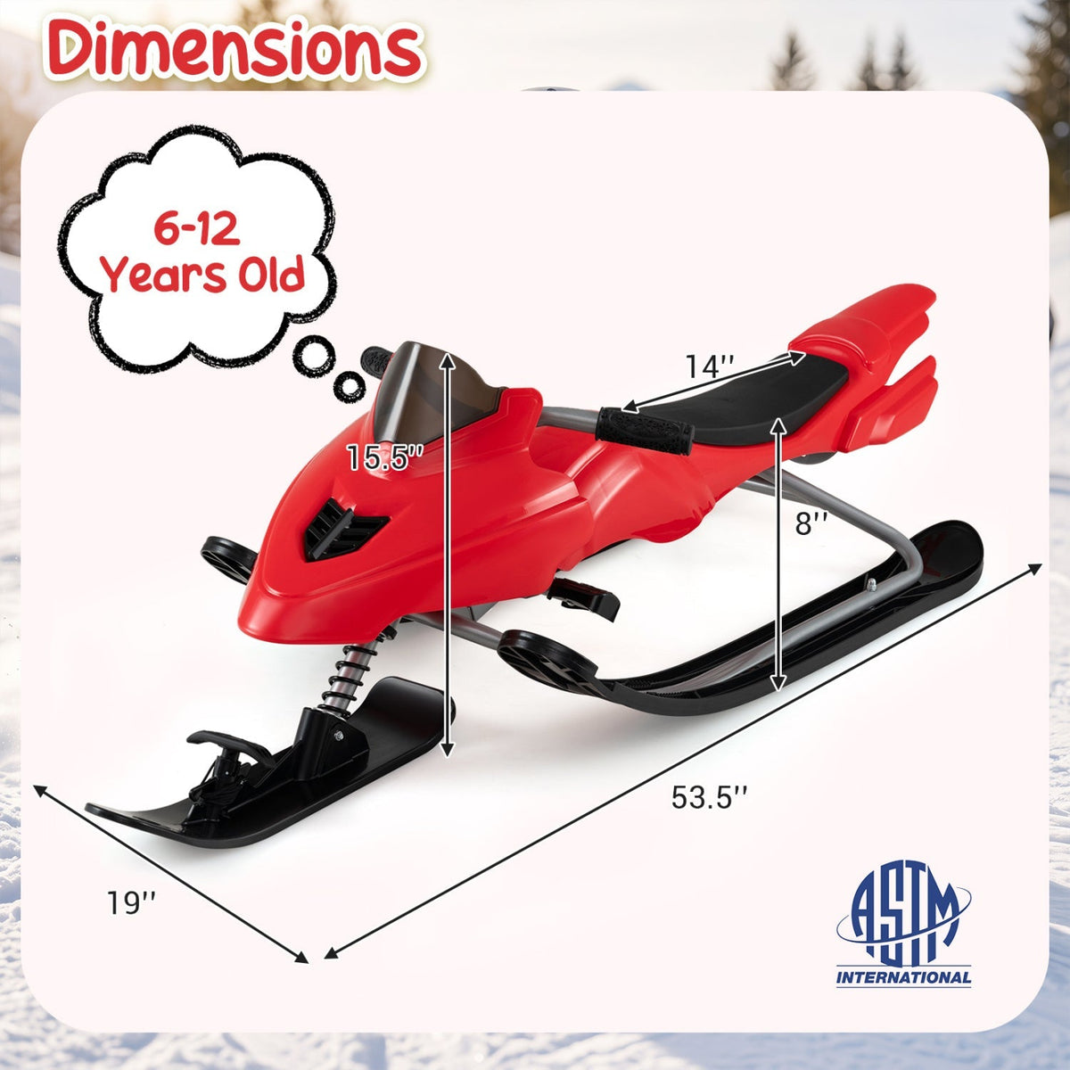 Kids riding a GBruno Store snow racer sled with brakes and steering handle on snowy terrain.